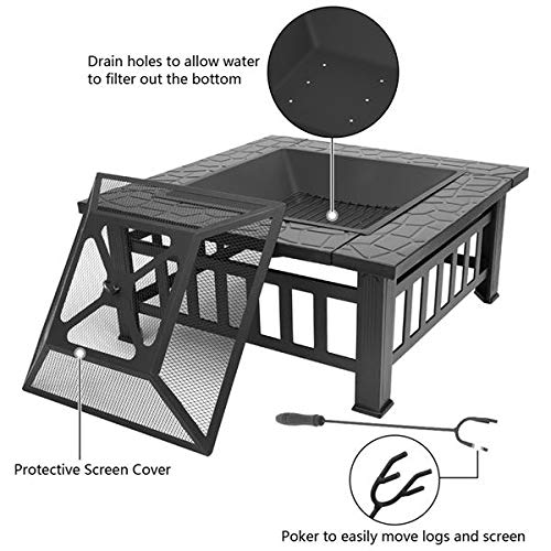 32in Wood Fire Pit with Mesh Lid and Fire Poker U177