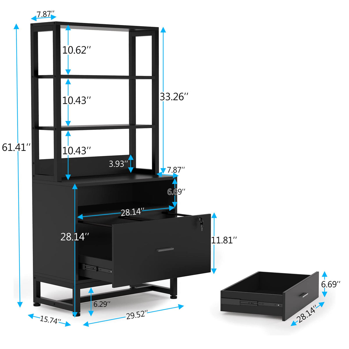 2 Drawer Vertical File Cabinet with Lock & Bookshelf Black X734250
