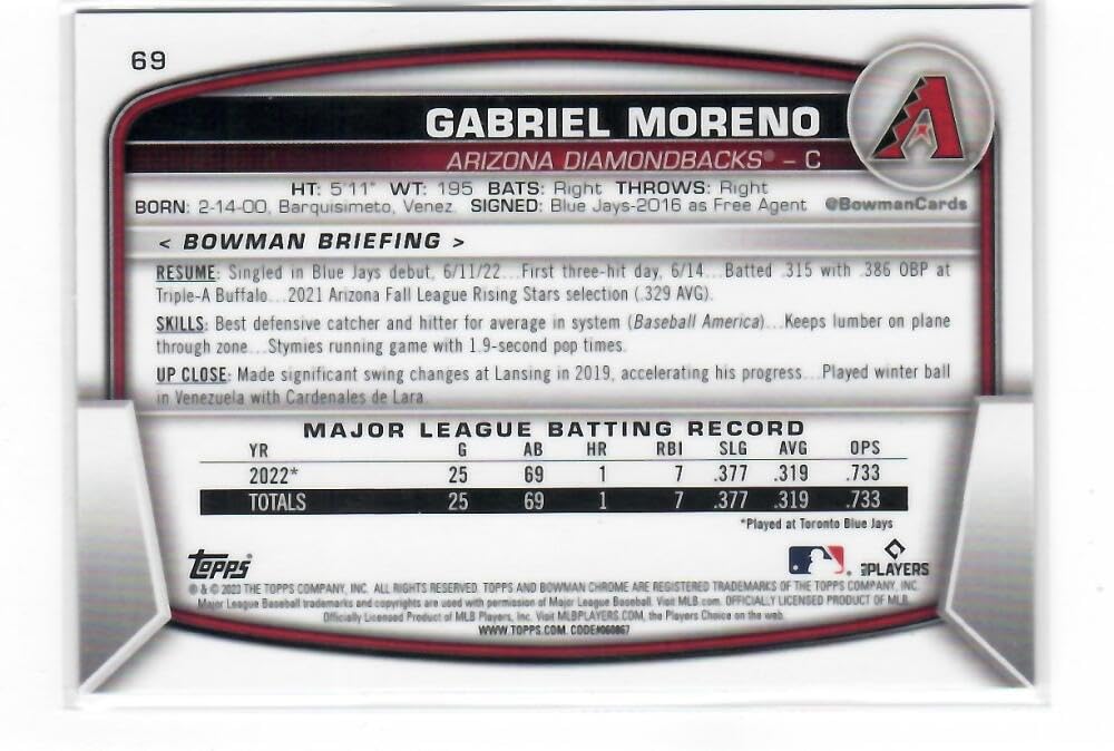 2023 Bowman Chrome Mega Box Mojo Refractor Navy #69 Gabriel Moreno RC Rookie Card /175 Arizona Diamondbacks Baseball NM-MT Z9299