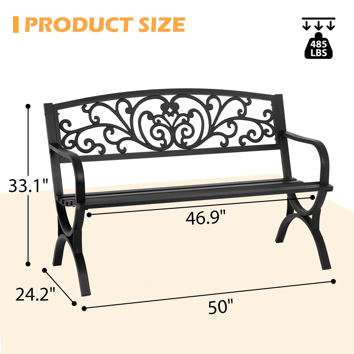 50" Outdoor Garden Bench Black 480lbs Load Capacity E2569