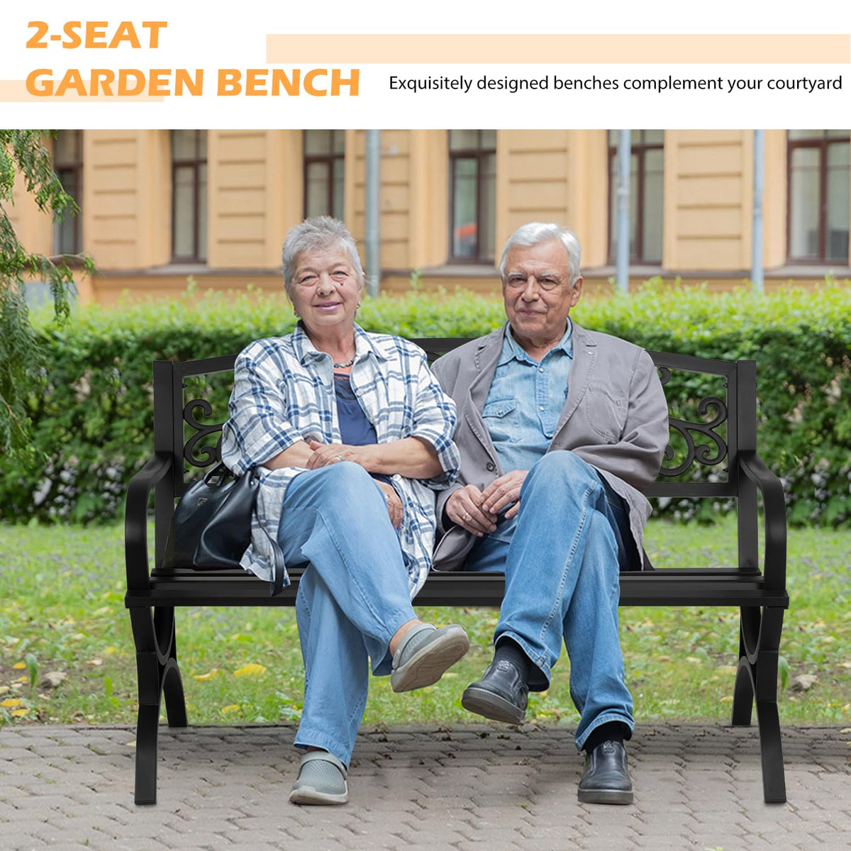 50" Outdoor Garden Bench Black 480lbs Load Capacity E2569
