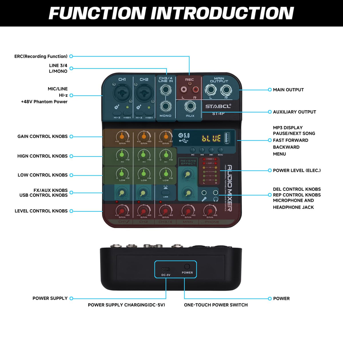 4 Channel Audio Mixer with USB BT 48V Phantom Power G6705
