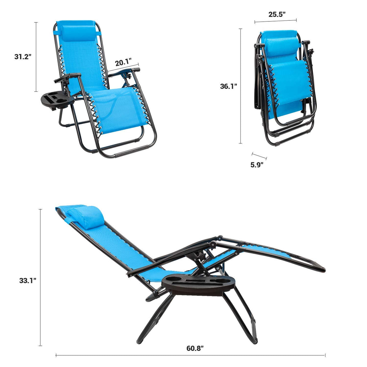 Blue Set of 2 Adjustable Folding Lounge Chair with Pillows and Cup Holders I44585