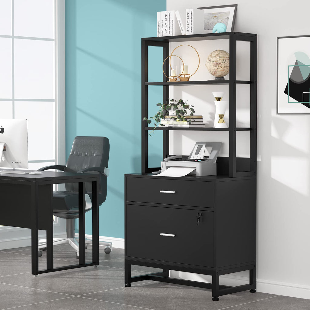 2 Drawer Vertical File Cabinet with Lock & Bookshelf Black X734250