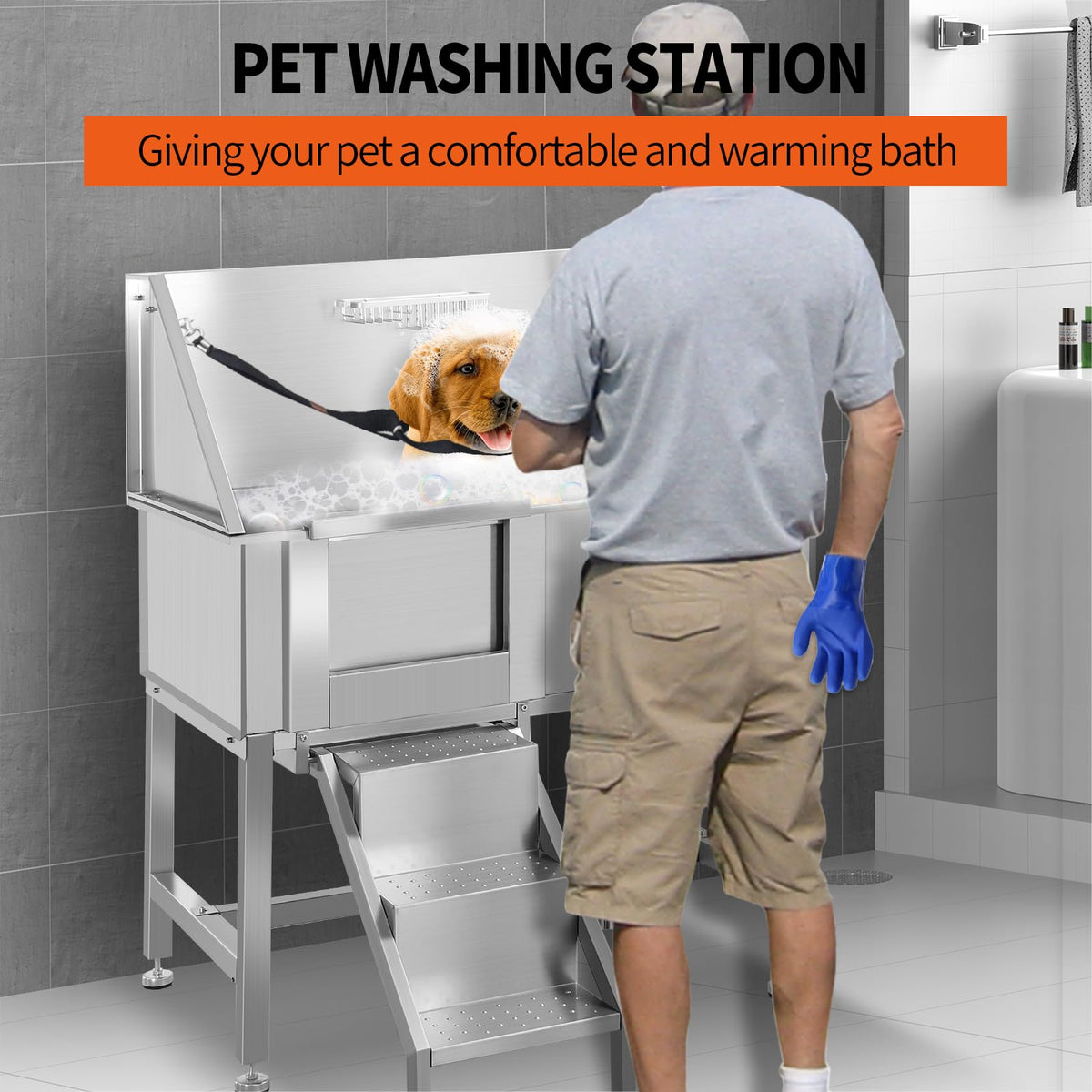 38" Stainless Steel Dog Grooming Tub with Sliding Door G13264