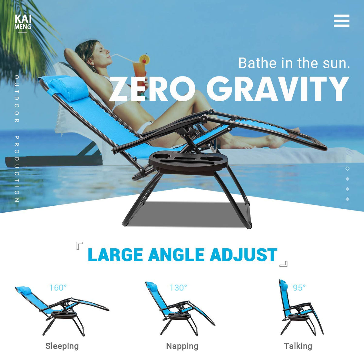 Blue Set of 2 Adjustable Folding Lounge Chair with Pillows and Cup Holders I44585