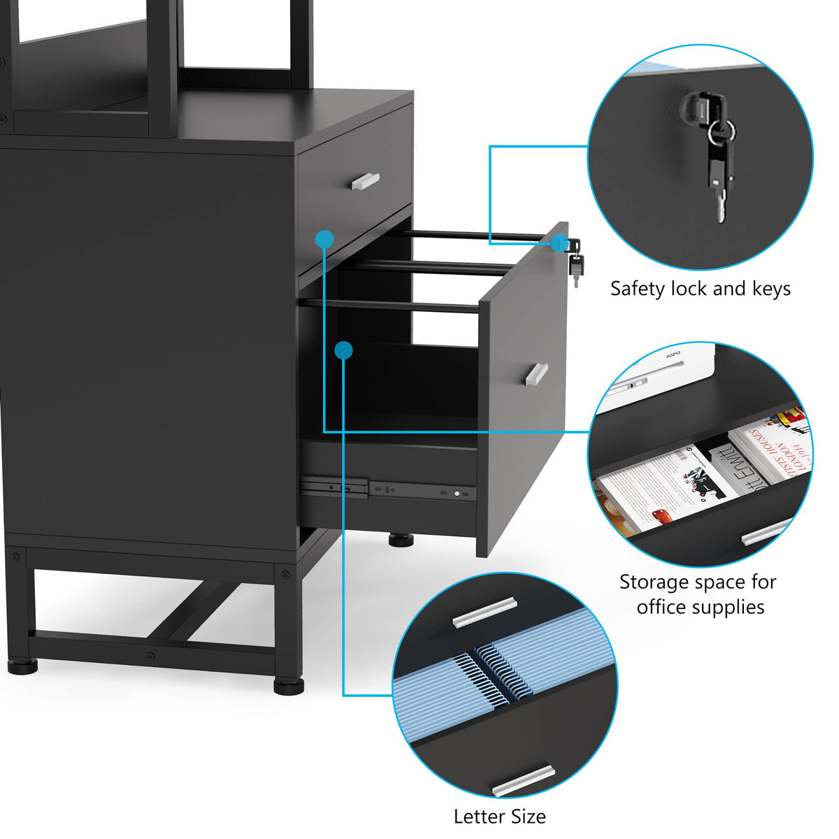 2 Drawer Vertical File Cabinet with Lock & Bookshelf Black X734250