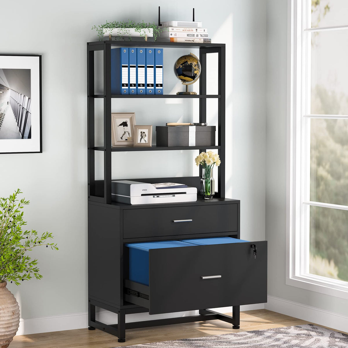 2 Drawer Vertical File Cabinet with Lock & Bookshelf Black X734250