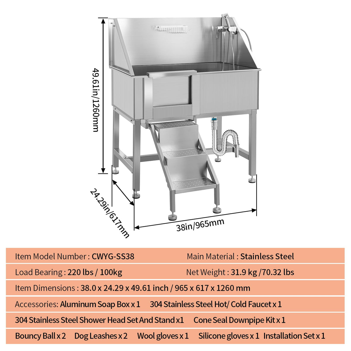 38" Stainless Steel Dog Grooming Tub with Sliding Door G13264