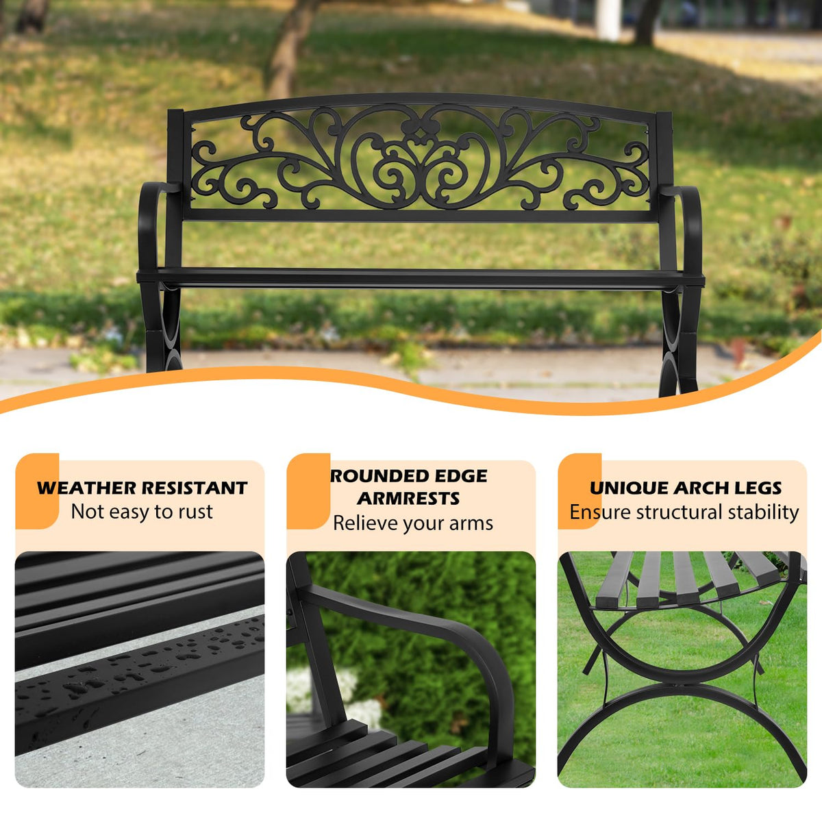 50" Outdoor Garden Bench Black 480lbs Load Capacity E2569