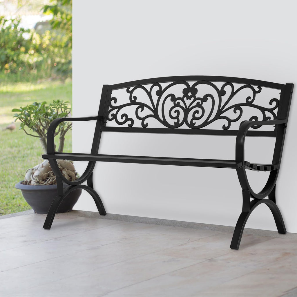 50" Outdoor Garden Bench Black 480lbs Load Capacity E2569