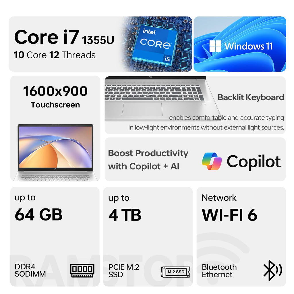 17.3" HD+ Touchscreen Laptop, Intel Core i7, 32GB RAM, 1TB SSD, Silver P875527