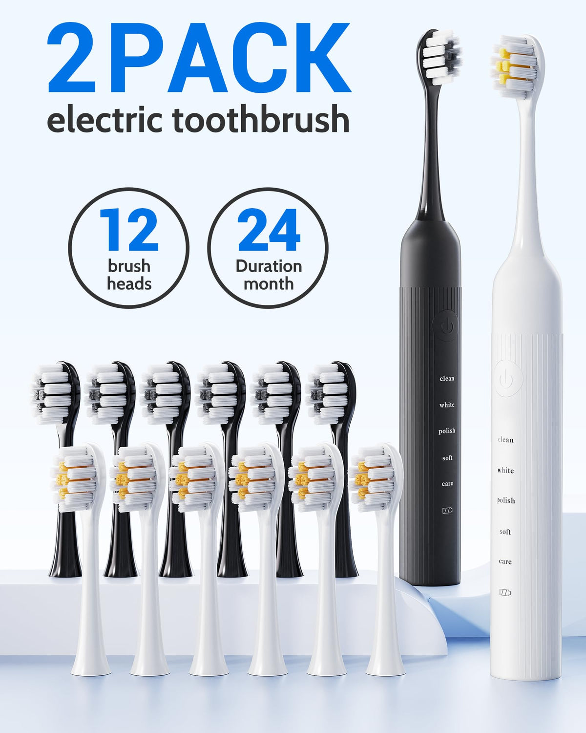 2 Pack Rechargeable Electric Toothbrush with 12 Brush Heads P3229