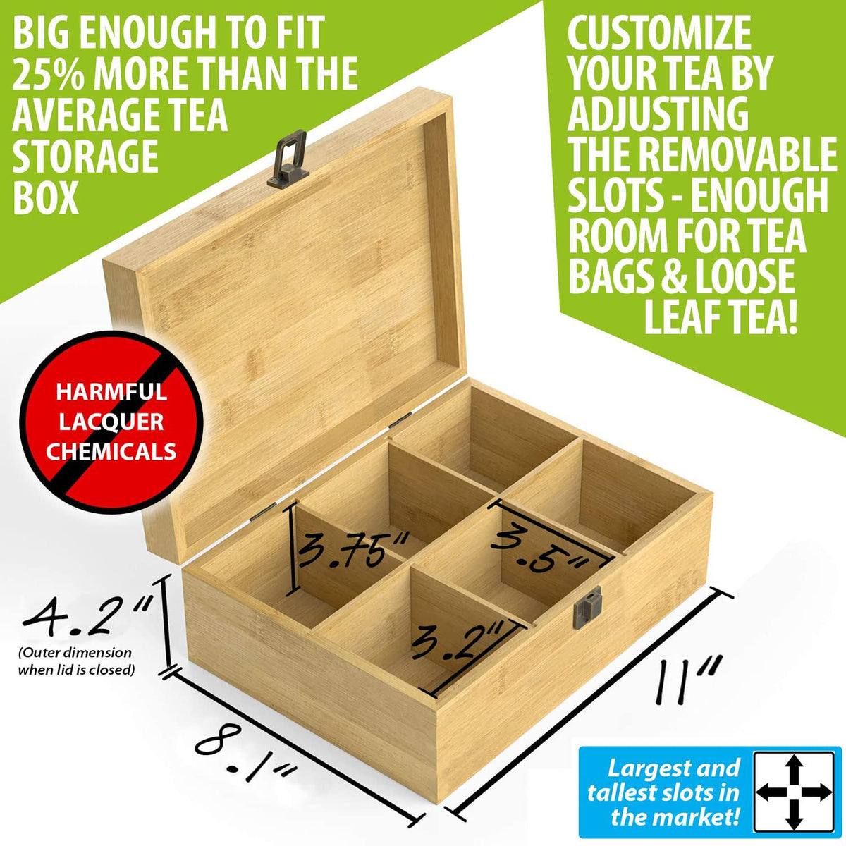 Bamboo Wood Tea Organizer Box 6-Slot S451