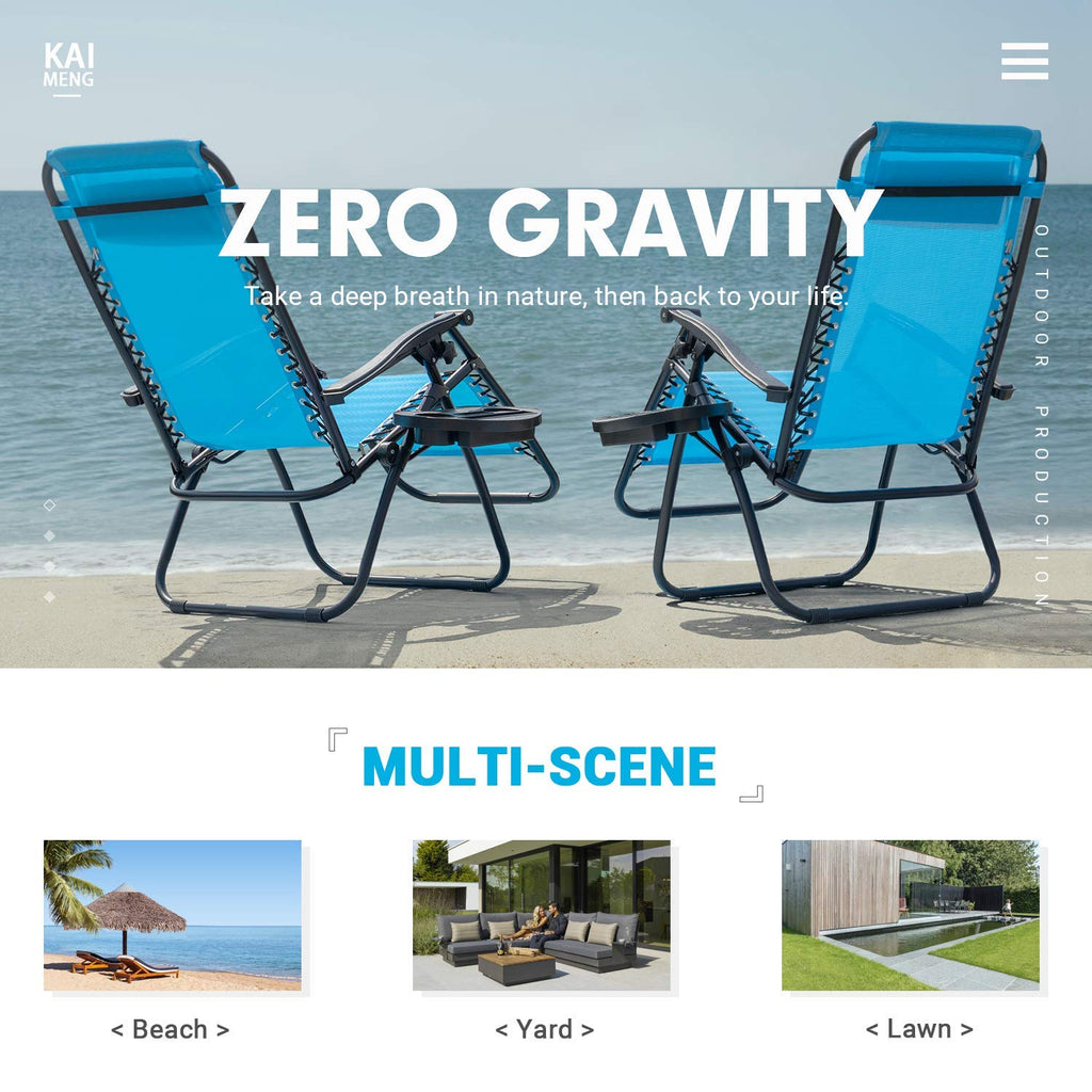 Blue Set of 2 Adjustable Folding Lounge Chair with Pillows and Cup Holders I44585