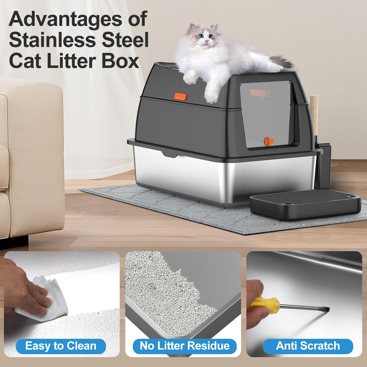 Extra Large Stainless Steel Litter Box with Lid U6956