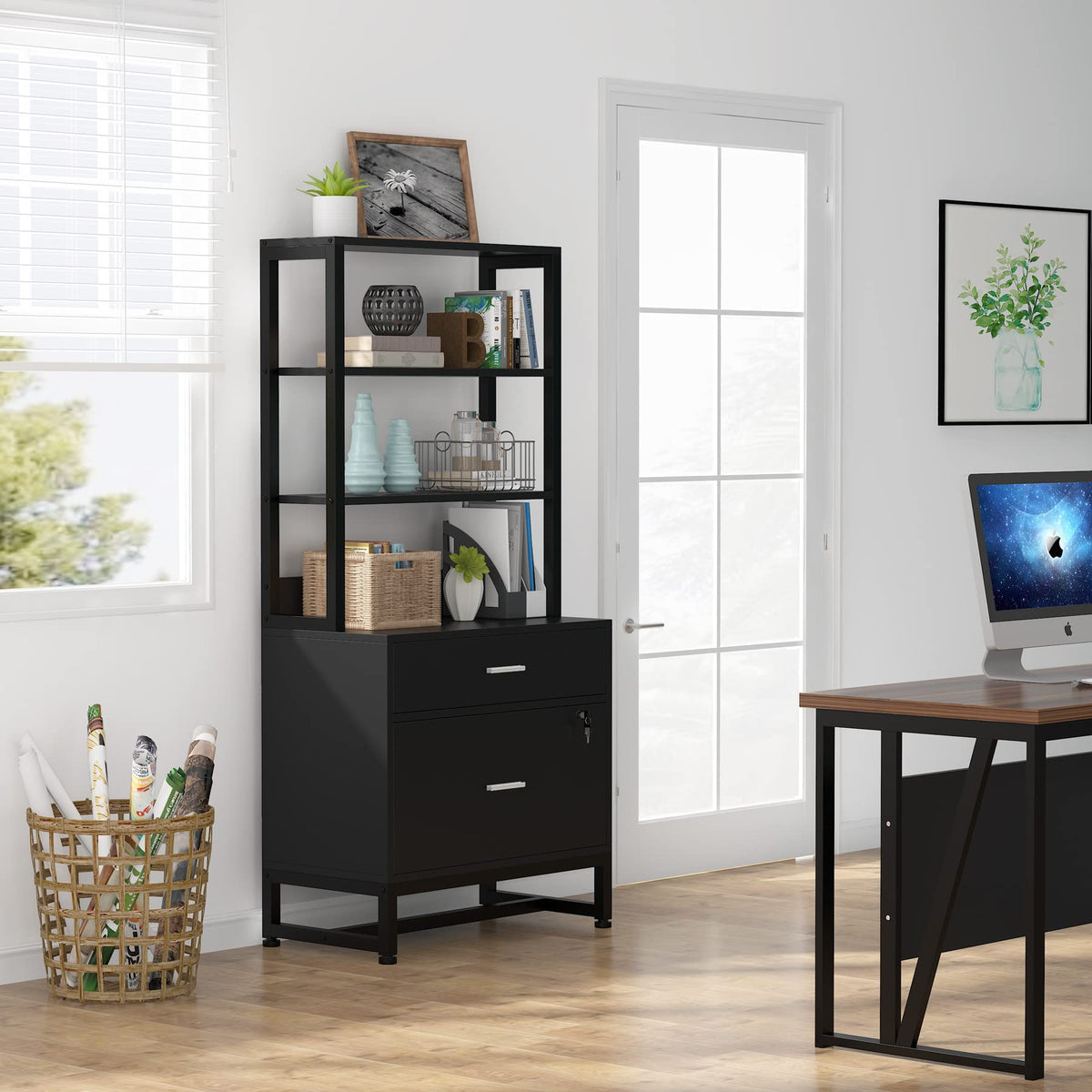 2 Drawer Vertical File Cabinet with Lock & Bookshelf Black X734250