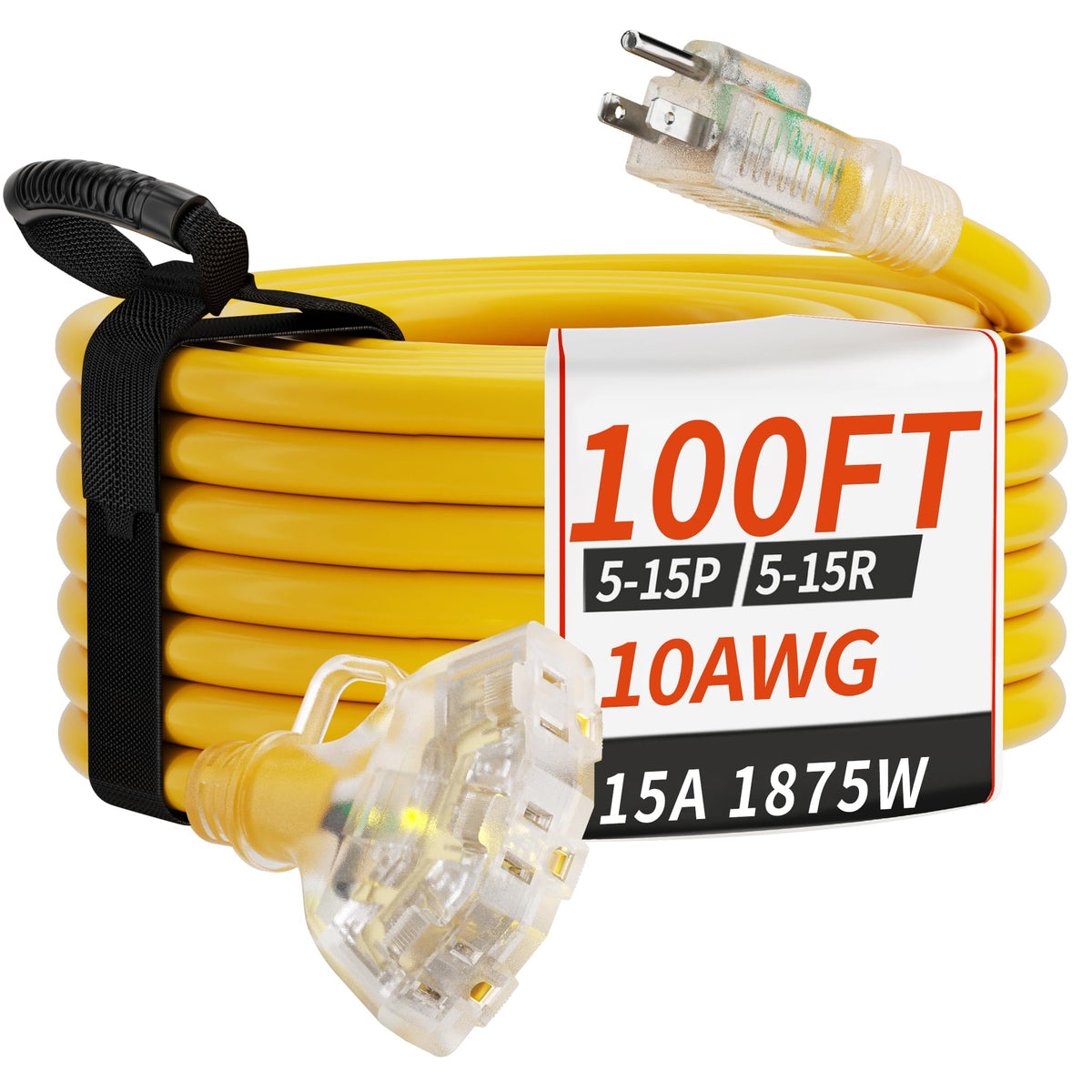 100 FT 10 Gauge Outdoor Extension Cord with Multiple Outlets Yellow E366