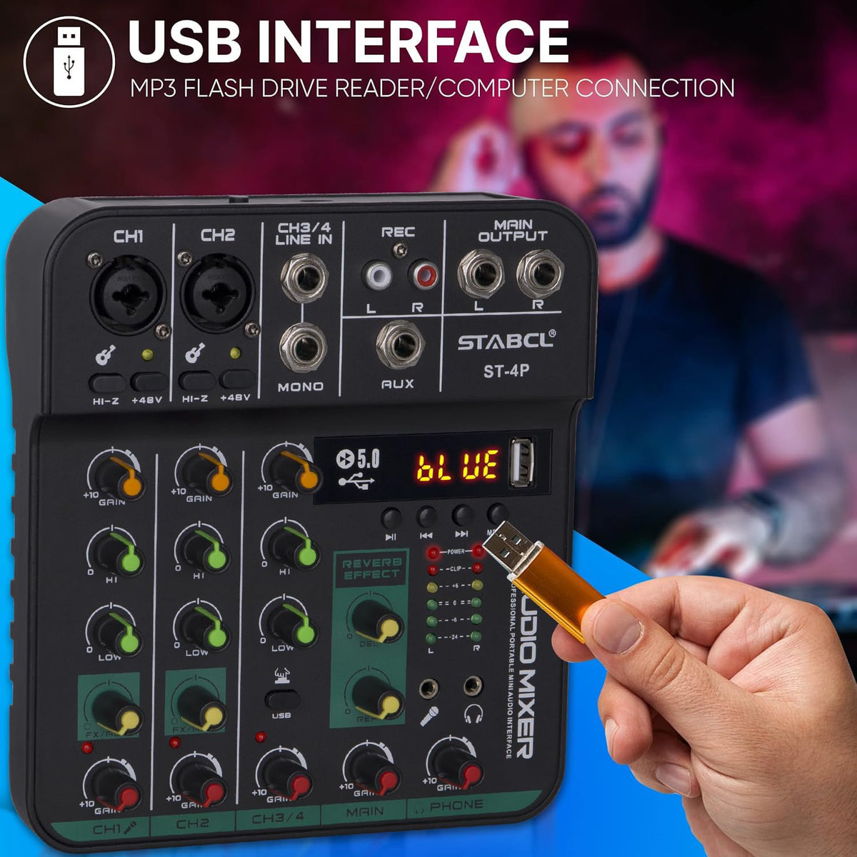 4 Channel Audio Mixer with USB BT 48V Phantom Power G6705