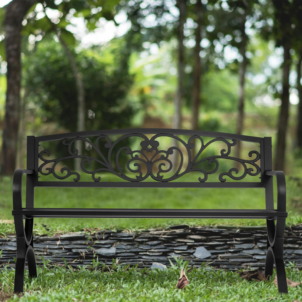 50" Outdoor Garden Bench Black 480lbs Load Capacity E2569