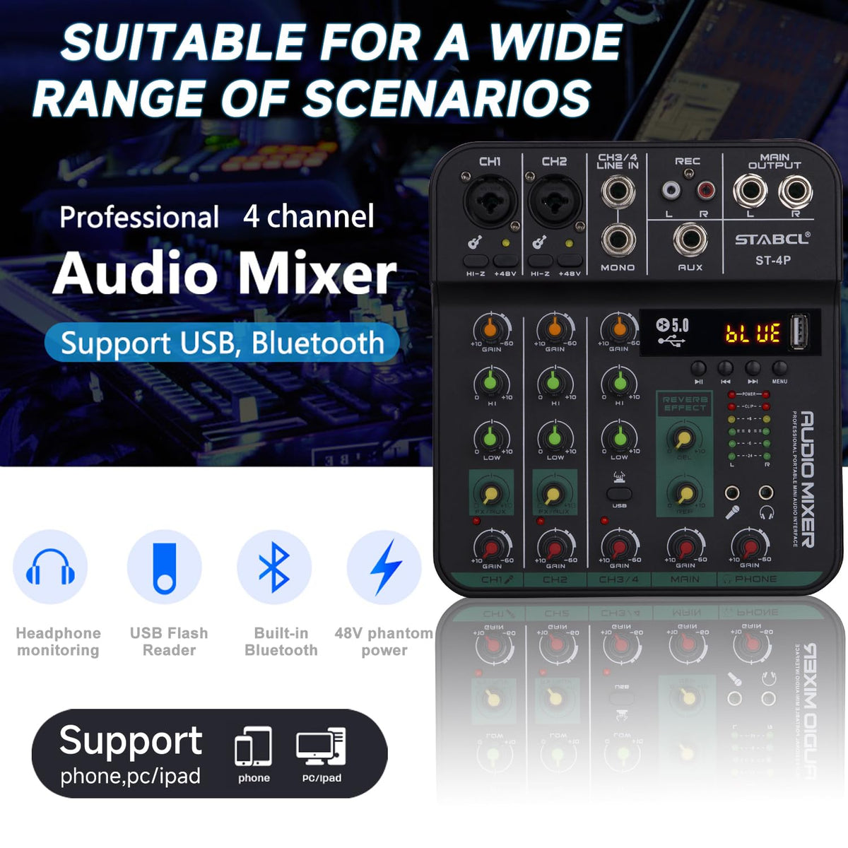 4 Channel Audio Mixer with USB BT 48V Phantom Power G6705