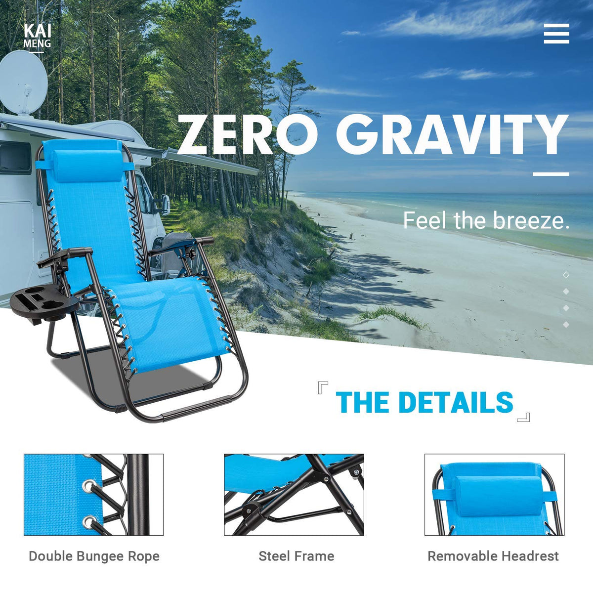 Blue Set of 2 Adjustable Folding Lounge Chair with Pillows and Cup Holders I44585