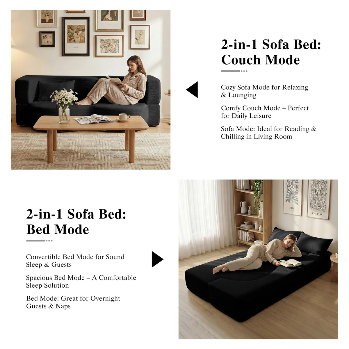 2-in-1 Convertible Sofa Bed 78 Inch Sleeper with Pillow Black W2867