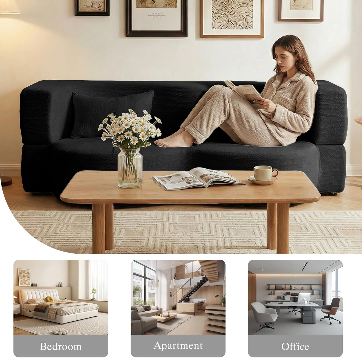 2-in-1 Convertible Sofa Bed 78 Inch Sleeper with Pillow Black W2867