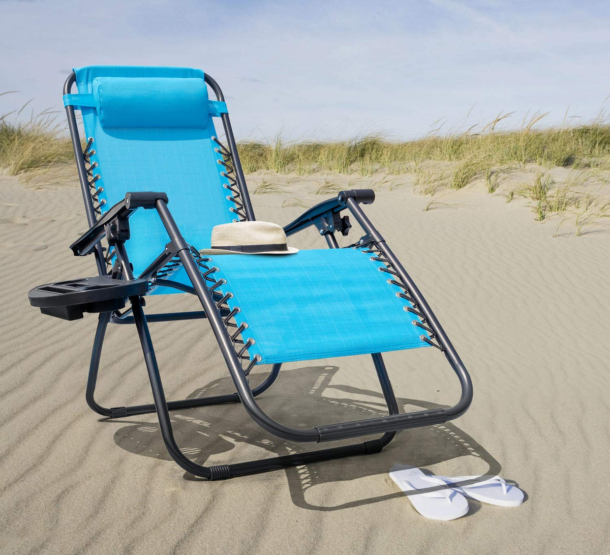 Blue Set of 2 Adjustable Folding Lounge Chair with Pillows and Cup Holders I44585