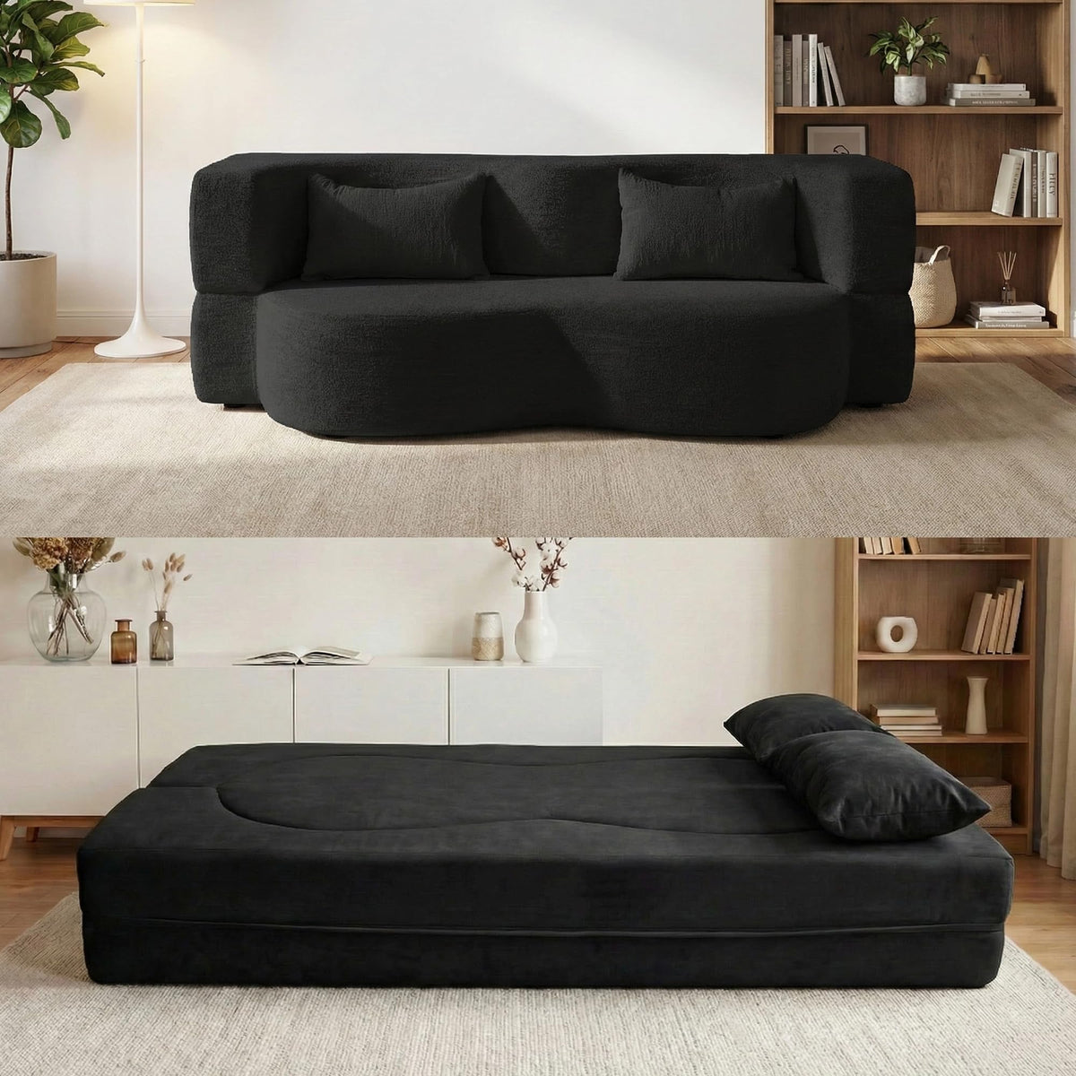 2-in-1 Convertible Sofa Bed 78 Inch Sleeper with Pillow Black W2867