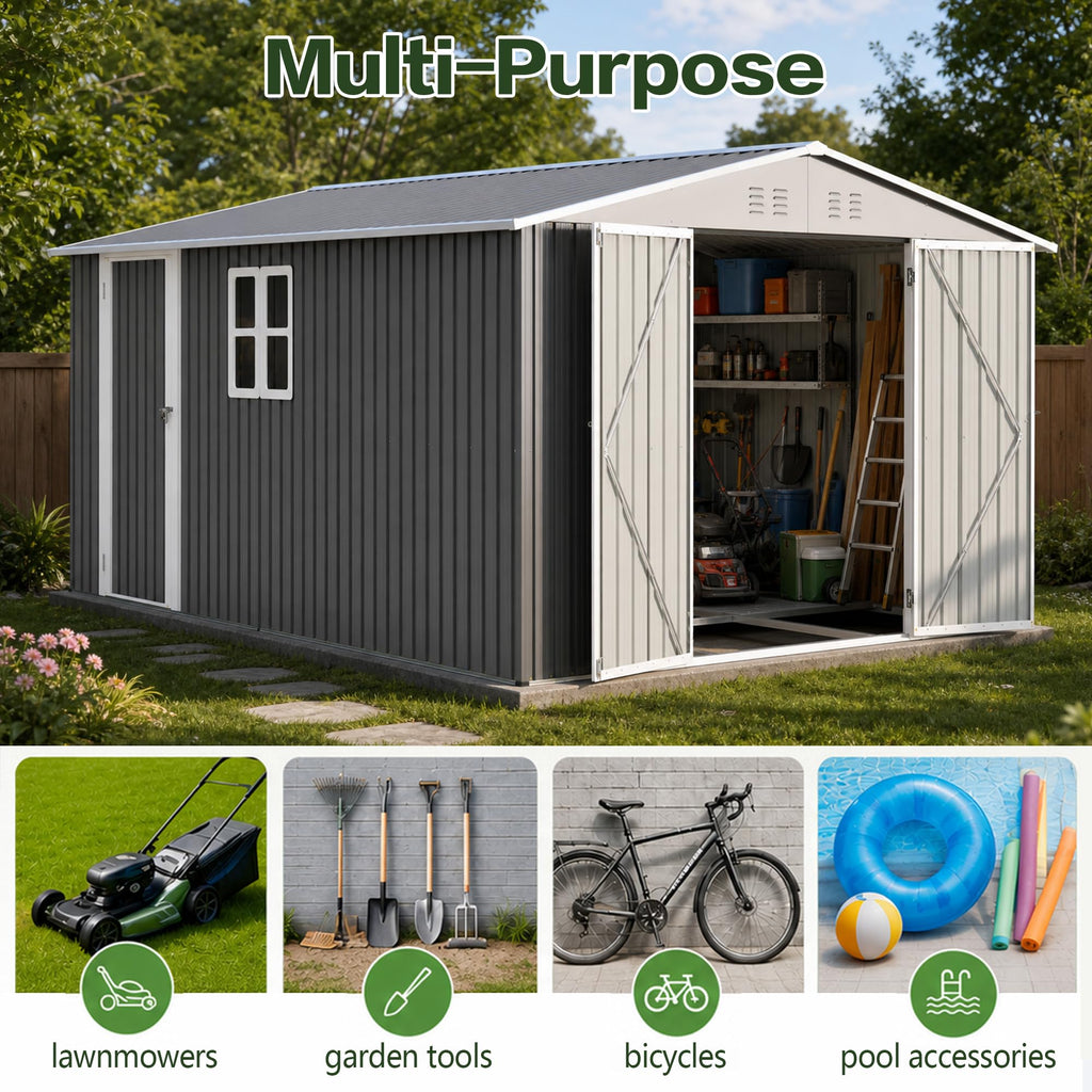 10x14 FT Metal Outdoor Storage Shed with Floor and 2 Windows G143