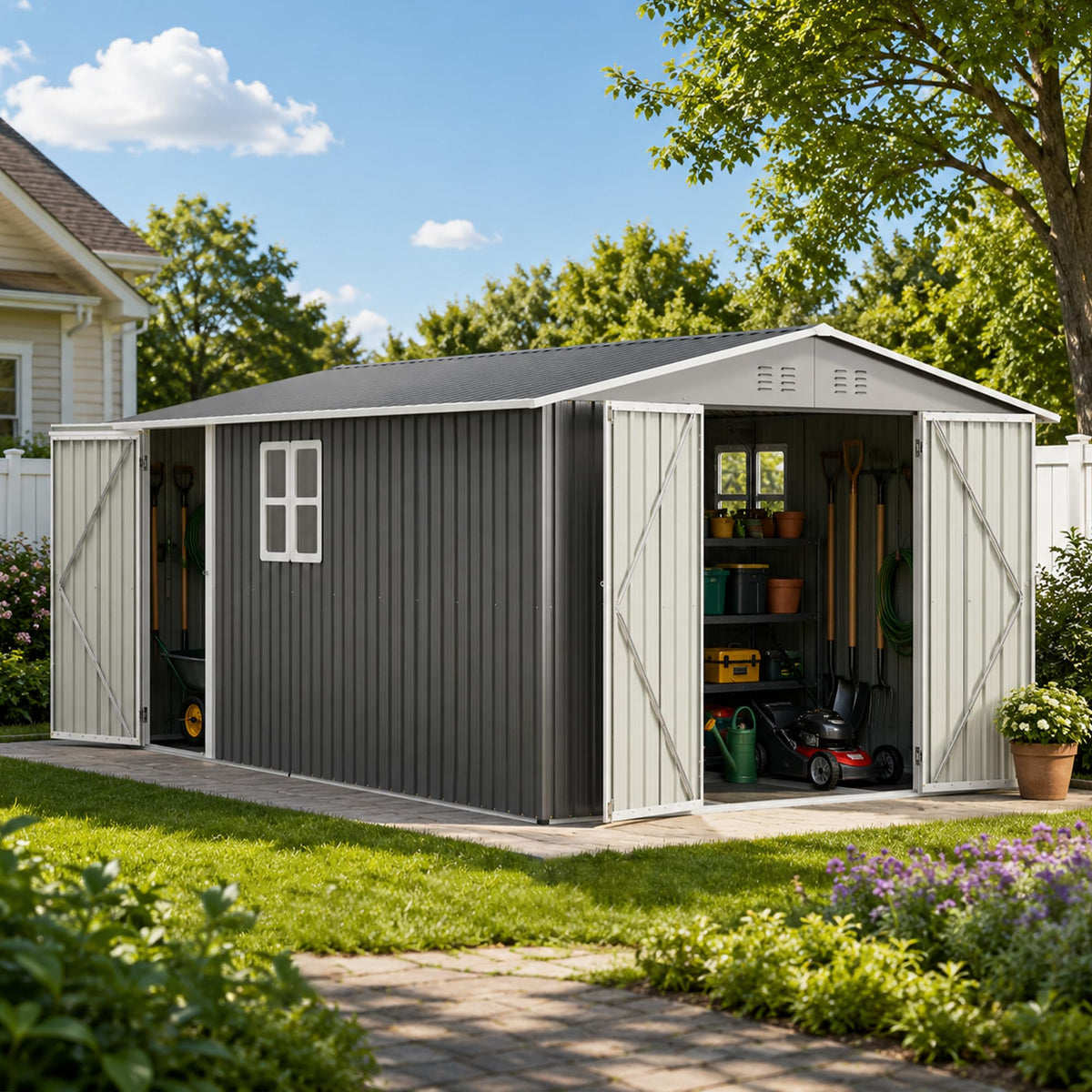 10x14 FT Metal Outdoor Storage Shed with Floor and 2 Windows G143