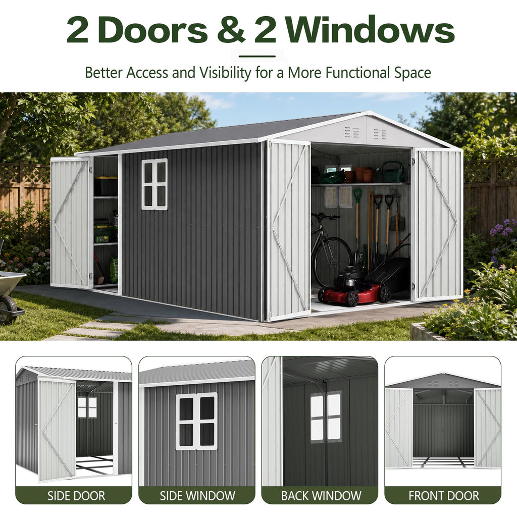 10x14 FT Metal Outdoor Storage Shed with Floor and 2 Windows G143