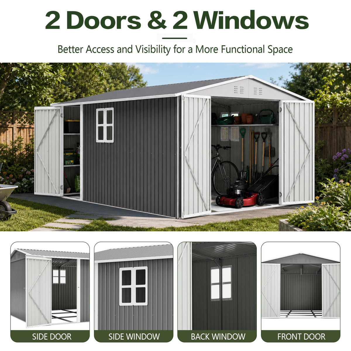 10x14 FT Metal Outdoor Storage Shed with Floor and 2 Windows G143