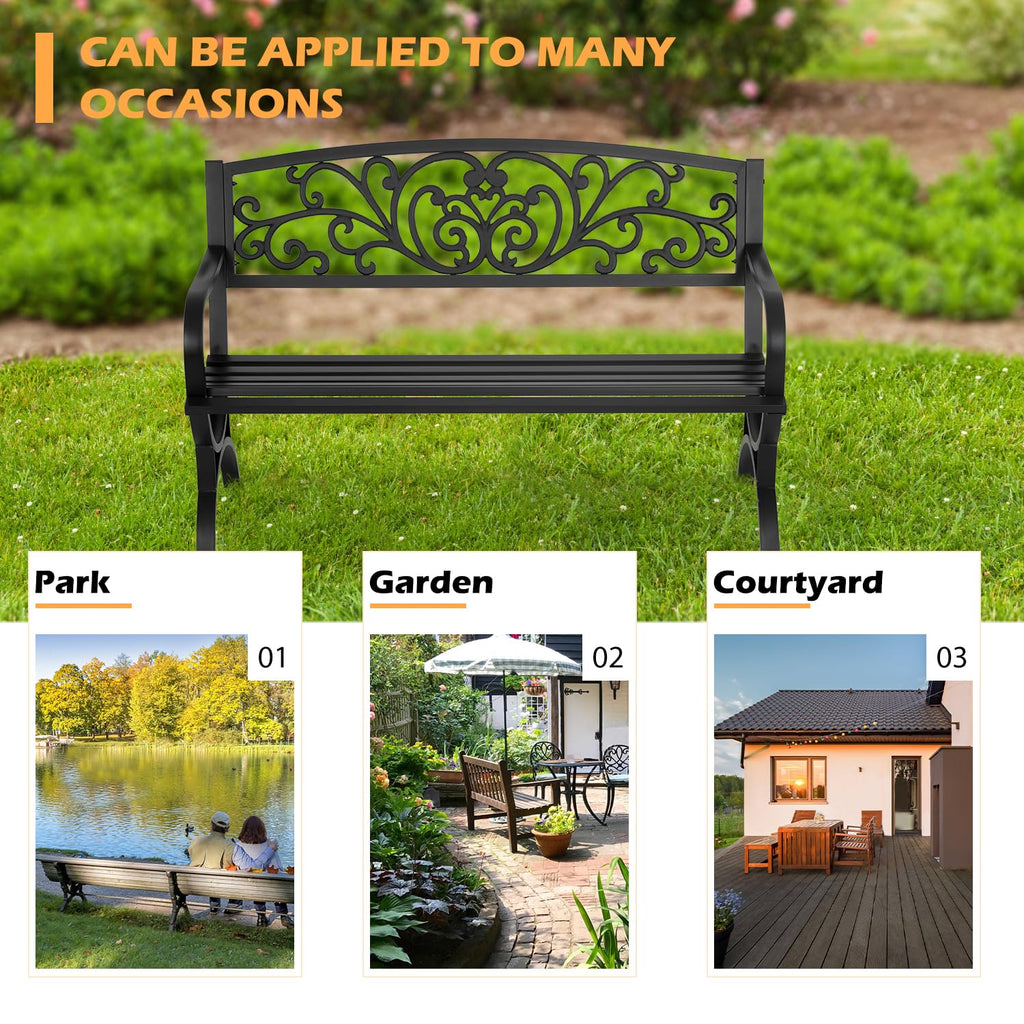 50" Outdoor Garden Bench Black 480lbs Load Capacity E2569
