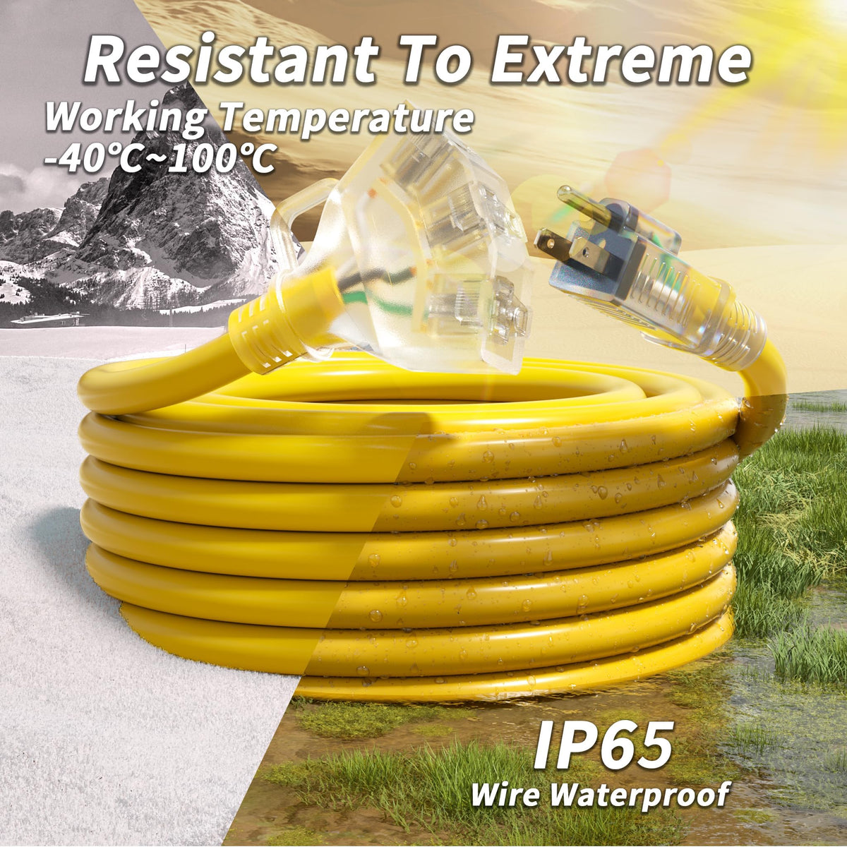 100 FT 10 Gauge Outdoor Extension Cord with Multiple Outlets Yellow E366