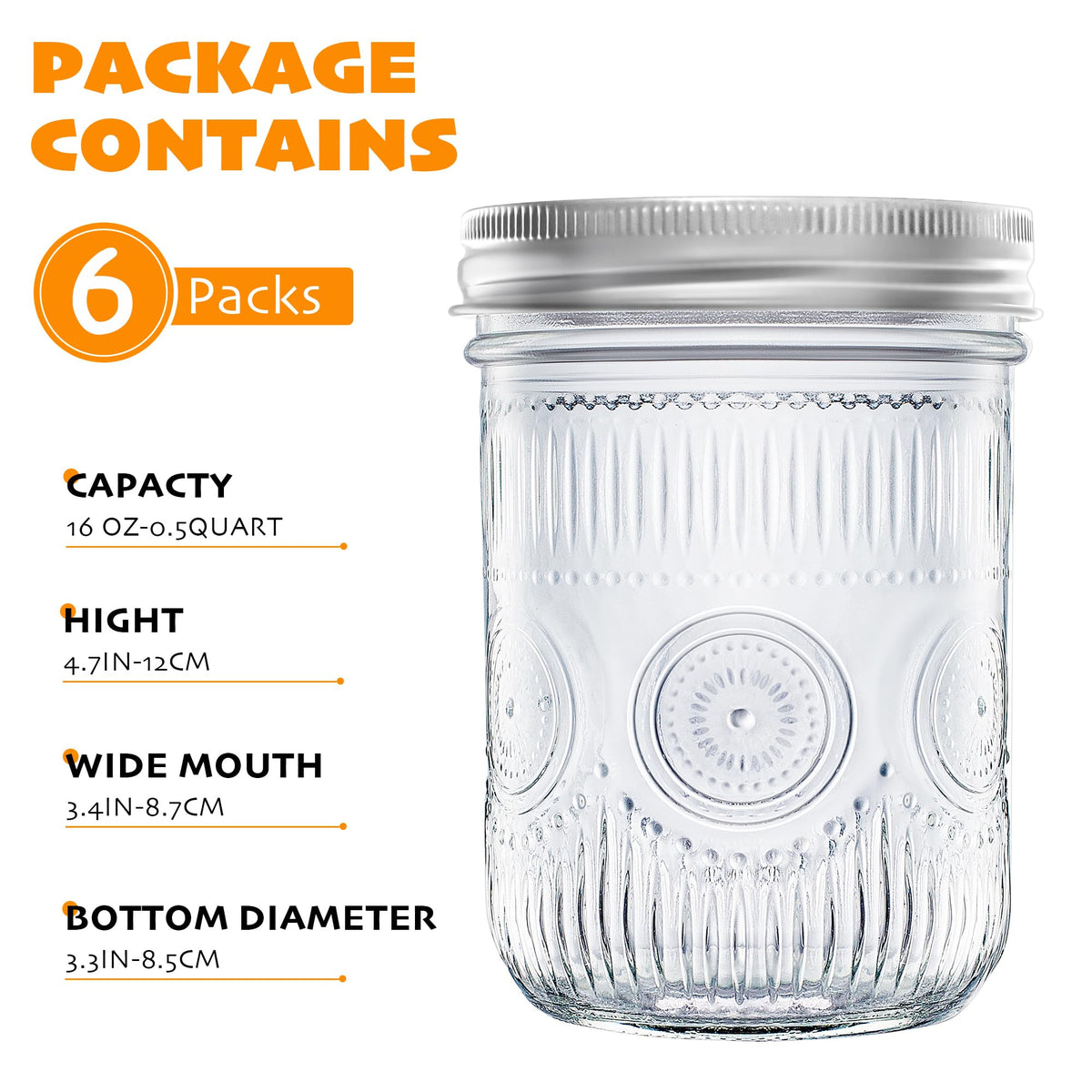 16 oz Regular Mouth Mason Jars with Lids 6 Pack M966