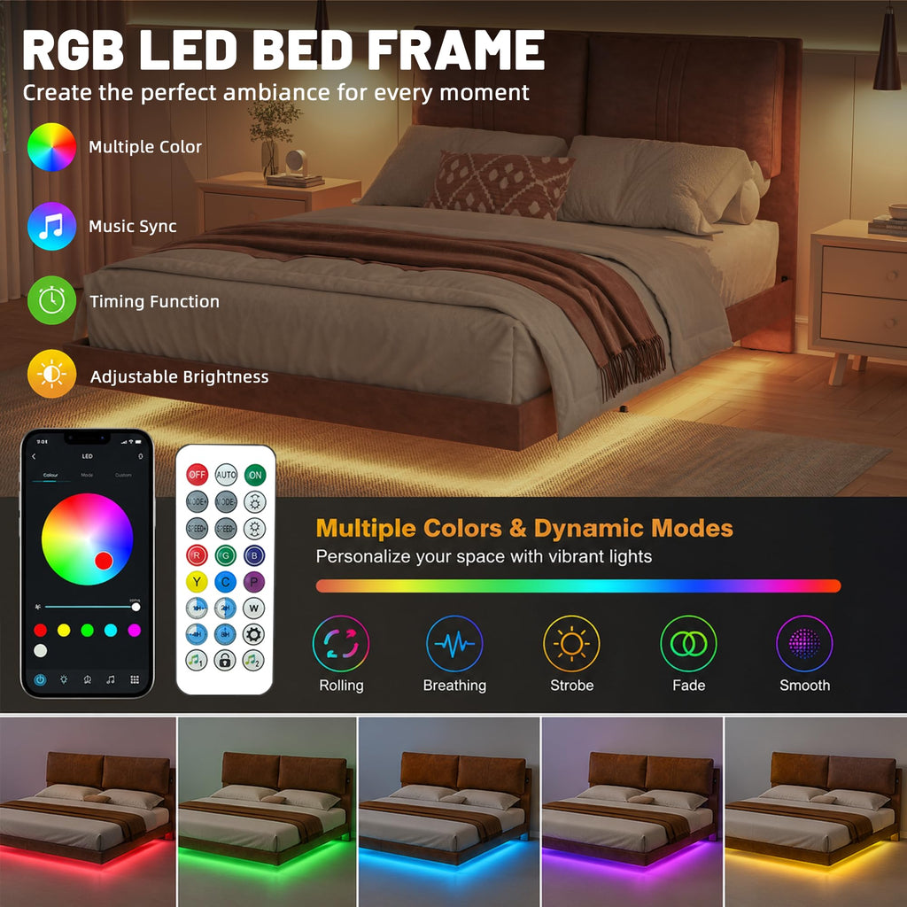 Queen Floating Bed Frame with LED Lights R3823