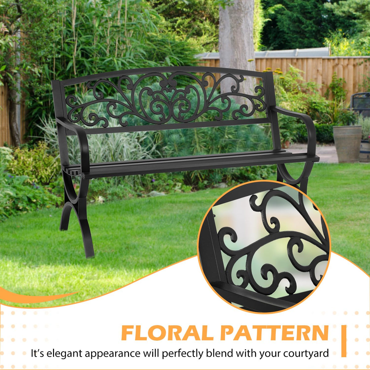 50" Outdoor Garden Bench Black 480lbs Load Capacity E2569