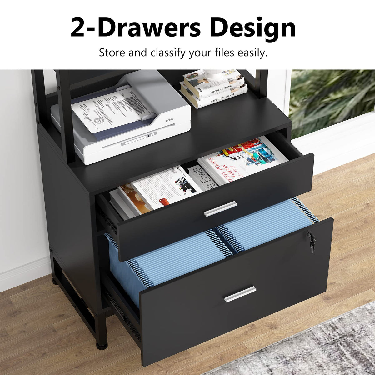 2 Drawer Vertical File Cabinet with Lock & Bookshelf Black X734250