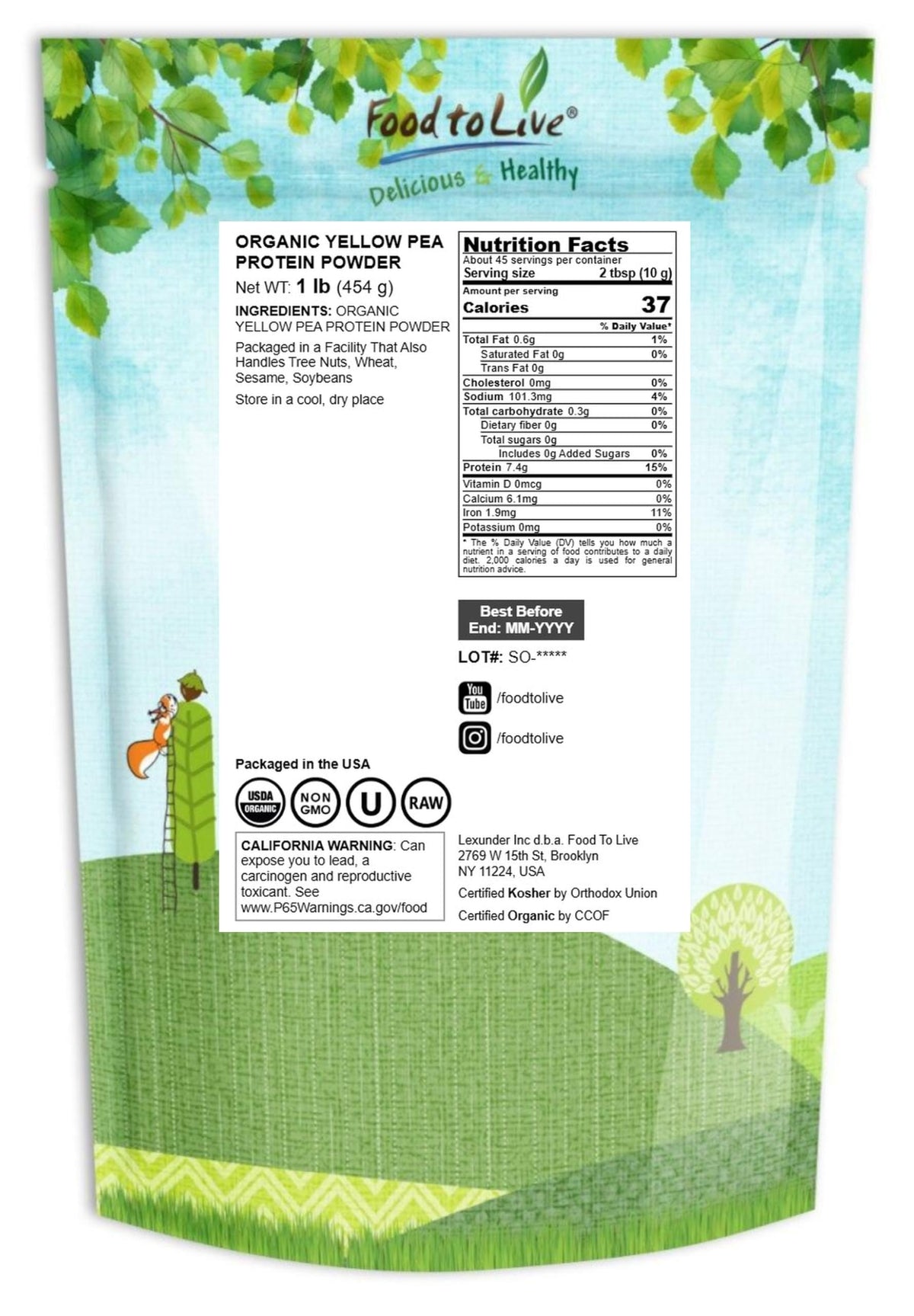 Organic Pea Protein Powder, 1 Pound, Non-GMO, 80% Protein, Vegan, Unflavored I81466