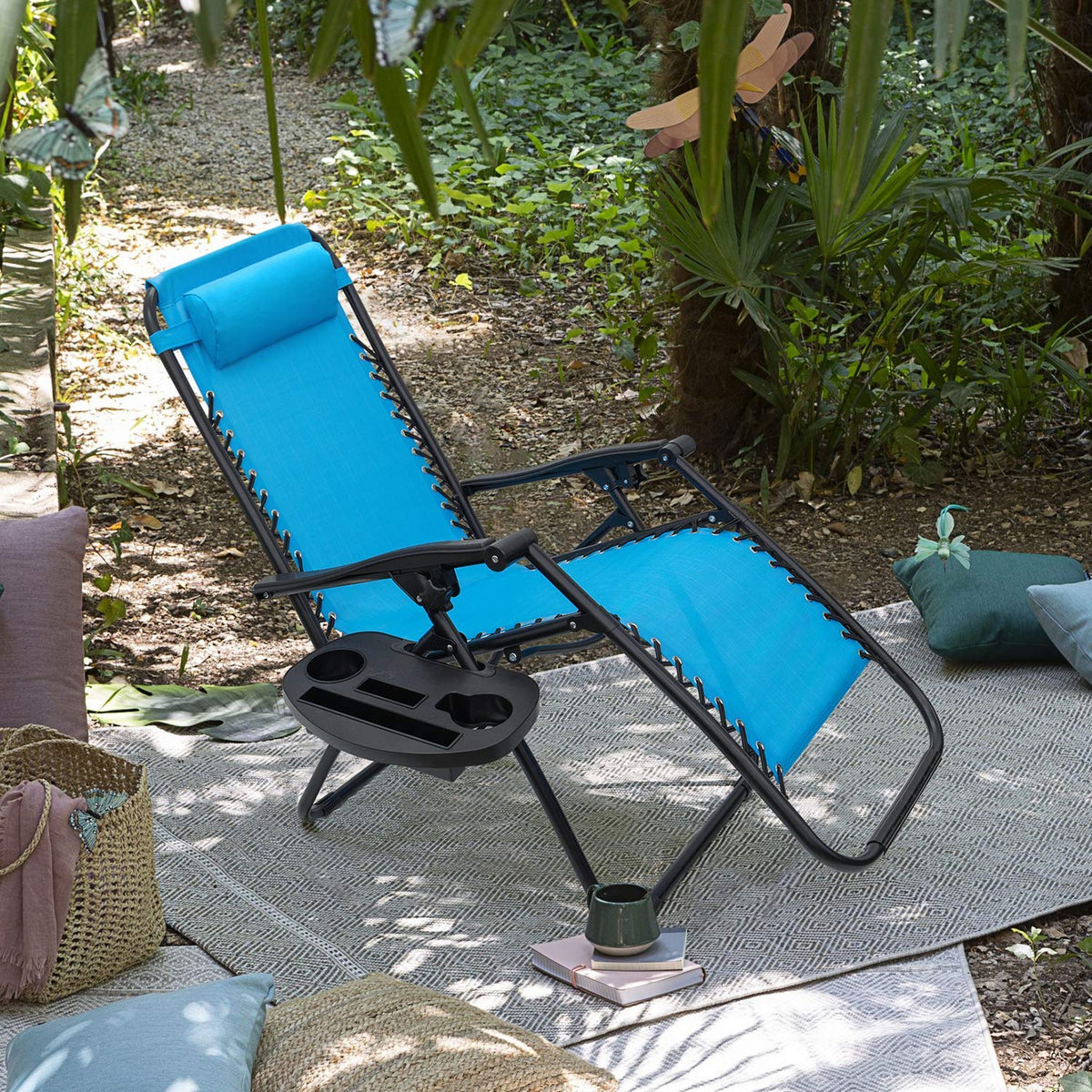 Blue Set of 2 Adjustable Folding Lounge Chair with Pillows and Cup Holders I44585