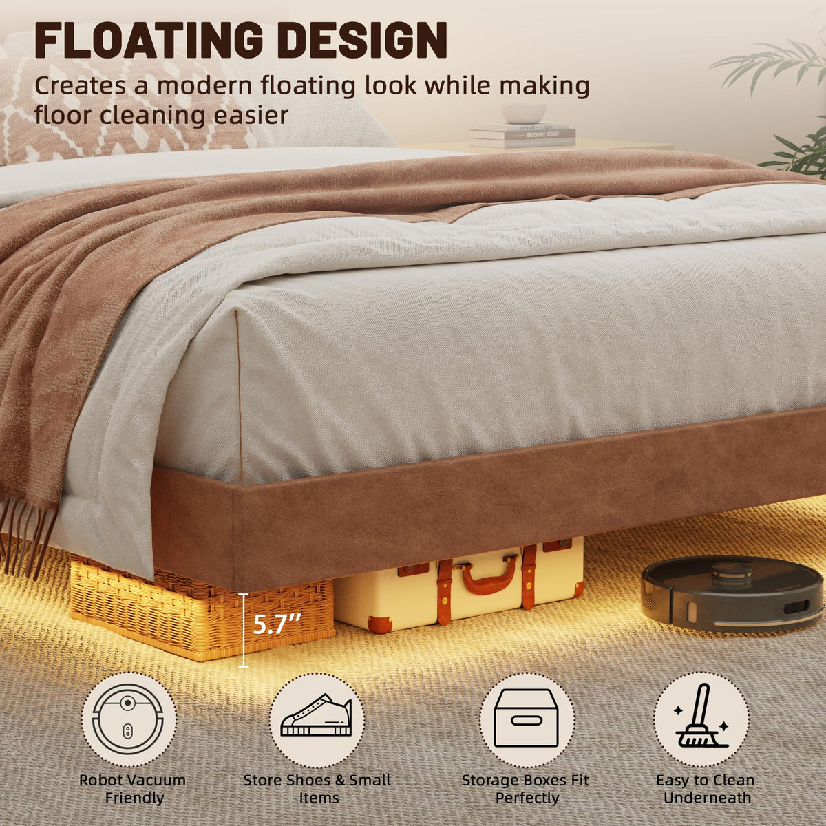 Queen Floating Bed Frame with LED Lights R3823