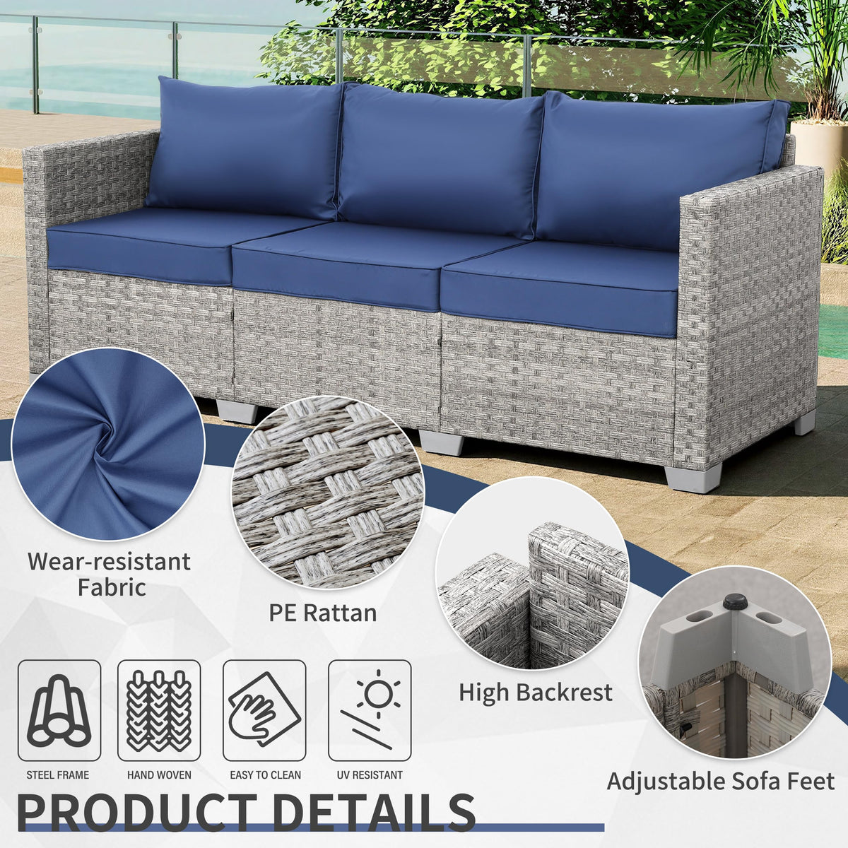 3 Seater Grey Wicker Patio Sofa with Navy Blue Cushion I917