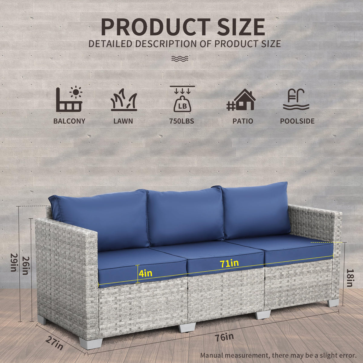 3 Seater Grey Wicker Patio Sofa with Navy Blue Cushion I917