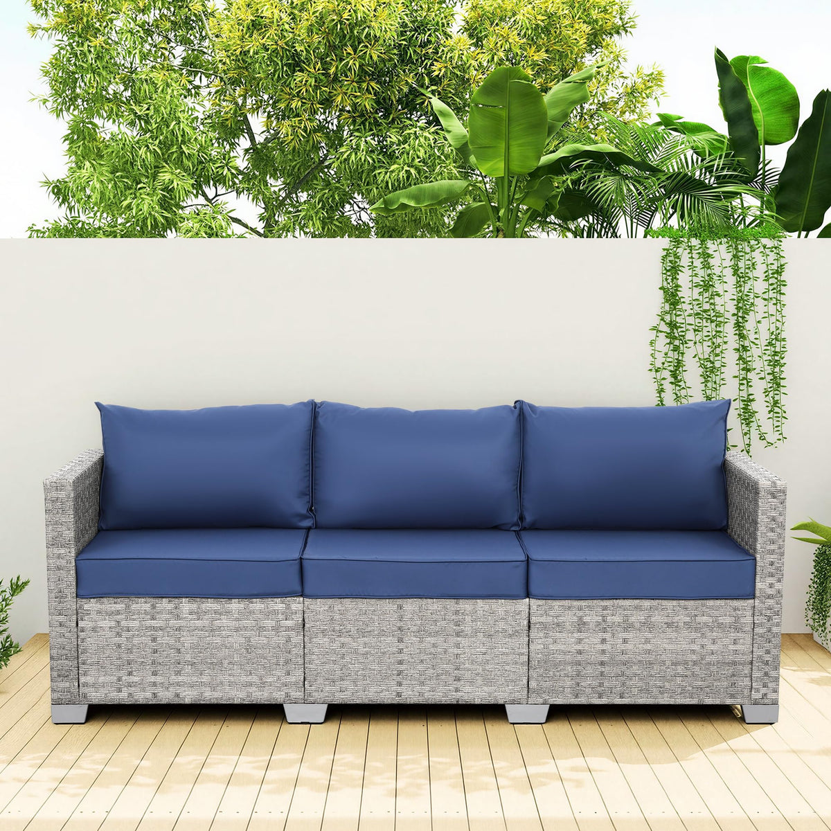 3 Seater Grey Wicker Patio Sofa with Navy Blue Cushion I917