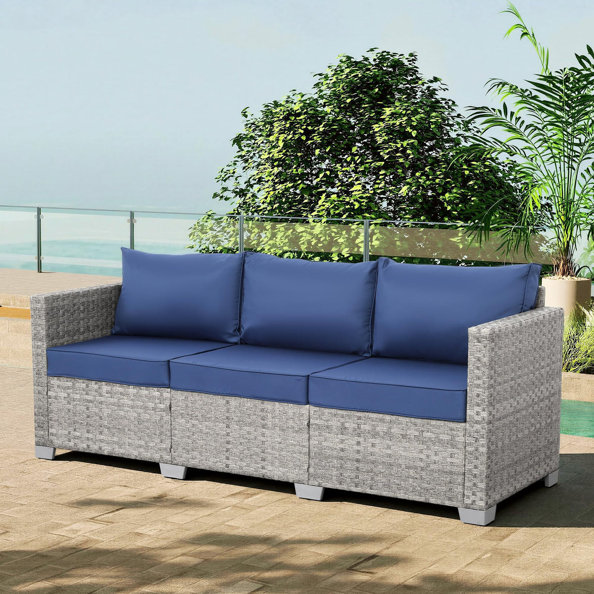 3 Seater Grey Wicker Patio Sofa with Navy Blue Cushion I917